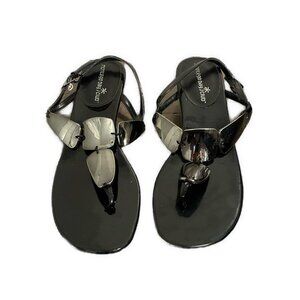 montego bay club sandals Black Wedge Thong T Strap Vegan Patent Leather 8